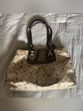 Vintage Coach Signature Jacquard Brown Leather Tote Bag Y2K